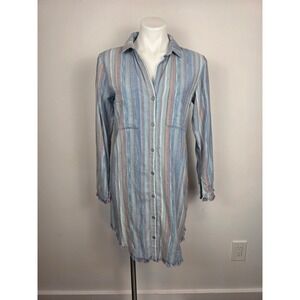 Cloth & Stone Striped Fringe Shirt Dress XS Blue Linen Blend Casual Bohemian